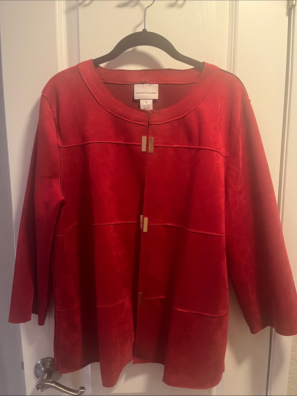 Alfred Dunner Red Faux Suede Open-Front Jacket with Gold Tabs